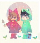  1boy 1girl animal_hood ayase_momo black_hair boots brown_eyes brown_hair bucket cat_hood coat crossed_bangs dandadan de557777 earrings frog_hood furrowed_brow glasses green_boots green_coat hair_between_eyes highres holding holding_bucket holding_hands holding_trowel hood hood_up hooded_coat jewelry open_mouth parted_lips rain red_boots red_coat round_eyewear smile takakura_ken_(dandadan) trowel 