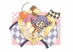  1boy arm_belt banana banana_split belt black_eyes black_scarf black_shoes blush_stickers buttons carrying_over_shoulder checkerboard_cookie checkered_clothes checkered_scarf cherry chibi closed_mouth commentary_request cookie crossed_legs danganronpa_(series) danganronpa_v3:_killing_harmony dot_nose double-breasted dress_pants dress_shoes flag food fruit hair_between_eyes hand_on_own_hip happy hitofutarai holding holding_flag ice_cream jacket long_hair_between_eyes long_sleeves looking_at_viewer male_focus multicolored_buttons multiple_belts oma_kokichi open_belt outline oversized_food oversized_object pants pink_background purple_hair scarf shoes short_hair sitting smile solid_oval_eyes solo strawberry strawberry_slice thigh_belt thigh_strap torn_clothes torn_jacket two-tone_background two-tone_scarf whipped_cream white_background white_belt white_jacket white_outline white_pants white_scarf 
