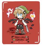  1boy adapted_costume animification black_shorts blonde_hair blue_eyes boots border brown_boots chibi chibi_only commentary english_commentary evolution_smp explosive flipped_hair full_body green_hat grian_(youtuber) grin hair_between_eyes hat heart highres holding holding_sword holding_weapon life_heart_(traffic_life) looking_at_viewer luminous_slime male_focus minecraft minecraft_youtube past_life_smp red_background red_sweater short_hair shorts simple_background smile solo standing sweater sword tnt tnt_block_(minecraft) traffic_life_series watcher_(evolution_smp) weapon white_border wings 
