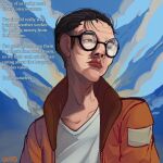  1boy black_hair blue_sky bomber_jacket commentary day disco_elysium english_commentary english_text facial_hair glasses jacket kim_kitsuragi looking_to_the_side male_focus mustache_stubble orange_jacket outdoors parody shiroshark shirt short_hair sky solo stubble style_parody upper_body white_shirt wrinkled_skin 