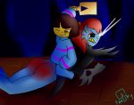ambiguous_gender angry anthro armor butt butt_slap clothed clothing duo fanny_the_paddle female fish frisk_(undertale) gauntlets gloves glowing glowing_eyes handwear human mammal marine monster no_underwear paddle paddling pantsless slap spank_marks spanking spanking_paddle undertale undertale_(series) undyne undyne_the_undying