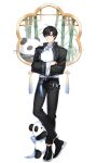  1boy absurdres animal bamboo belt black_belt black_gloves black_hair black_jacket black_pants black_shoes blue_bow blue_eyes bow bracelet bright_pupils chulsoo_kim_(closers) closed_mouth closers crossed_ankles crossed_arms full_body gloves heel_up highres hugging_another's_leg jacket jewelry lattice looking_at_viewer male_focus mandarin_collar official_art open_clothes open_jacket panda pants shirt shirt_tucked_in shoes short_hair smile solo standing tachi-e white_background white_pupils white_shirt wide_sleeves window 