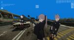  3girls abandoned absurdres animal_ears ar-15 bag binary black_dress black_jacket black_ribbon blue_screen_of_death blue_sky blunt_bangs bus car cat_ears clone commentary dress english_commentary escape_from_tarkov game_screenshot_background grey_hair guard_rail gun hair_ribbon hayasabro head-mounted_display highres holding holding_gun holding_weapon jacket jaggy_lines jitome kemonomimi_mode kneehighs lapwing_(vrchat) long_sleeves looking_ahead motor_vehicle multiple_girls oculus_headset on_car outdoors ponytail qr_code red_socks ribbon rifle road screenshot_background shoulder_bag sig_mpx sig_sauer sitting sky small_sweatdrop socks standing submachine_gun suppressor vrchat weapon wide_shot wide_sleeves 