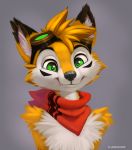  anthro bandanna canid canine eyewear fox goggles goggles_on_head green_eyes hi_res james_fox jamesfoxbr male mammal smile smiling_at_viewer solo 