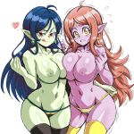  2girls black_legwear blue_hair blush bocodamondo breasts chronoa commission commissioner_upload dragon_ball dragon_ball_heroes earrings green_nipples green_skin highres jewelry large_breasts light_brown_hair long_hair looking_at_viewer multiple_girls nipples panties pink_skin pointy_ears red_eyes robelu smile striped striped_panties thick_thighs thighs tongue tongue_out underwear yellow_eyes yellow_legwear 
