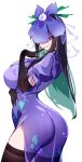  1girl ass black_gloves black_hair breasts commentary dress elbow_gloves finger_to_mouth from_side gloves hand_on_own_stomach heart heart-shaped_pupils highres large_breasts long_hair looking_at_viewer looking_to_the_side purple_dress purple_eyes purple_headdress raptor7 short_sleeves side_slit smile solo symbol-only_commentary symbol-shaped_pupils thighhighs thighs touhou veil white_background yomotsu_hisami 