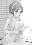  1girl apron apron_lift bangs blush breasts closed_mouth greyscale hairband highres kantai_collection large_breasts lifted_by_self masukuza_j monochrome naked_apron natori_(kantai_collection) short_hair sideboob sitting solo twitter_username 