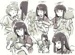  2girls angel_wings black_eyes black_hair blunt_bangs blush brown_hair closed_mouth haibane_renmei halo jacket limited_palette long_hair multiple_girls neckerchief open_clothes open_jacket open_mouth rakka_(haibane_renmei) red_neckerchief reki_(haibane_renmei) short_hair short_sleeves sitting sketch smile tsubobot wings 
