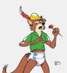  2020 4_fingers absurd_res anthro canid canine caught clothing diaper disney extry fangs feathers fingers fox fur hat headgear headwear hi_res looking_at_viewer male mammal open_mouth orange_body orange_fur robin_hood robin_hood_(disney) shirt simple_background solo standing topwear 