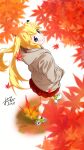  alternate_costume antenna_hair autumn autumn_leaves black_ribbon blonde_hair blue_eyes blurry blush brown_hoodie casual closed_mouth commentary_request depth_of_field fang from_above full_body grisaia_(series) grisaia_no_kajitsu hair_between_eyes hair_ribbon hand_in_pocket highres hood hood_down hoodie leaf long_hair looking_at_viewer looking_up maple_leaf matsushima_michiru miniskirt oshinobi_shinobu outdoors pleated_skirt red_skirt ribbon shoes sidelocks signature simple_background skirt smile tareme twintails walking white_background white_shoes 
