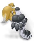  3:4 4_toes anthro barefoot blue_eyes claws deviantchump digimon digimon_(species) dipstick_tail female foot_focus fur genitals hi_res multicolored_tail neck_tuft pawpads pussy rear_view renamon simple_background solo toe_claws toes tuft white_background yellow_body yellow_fur 