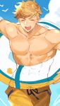  1boy abs arm_up bangs bara bird_wings blonde_hair blush chest closed_eyes cloud cloudy_sky granblue_fantasy green_eyes higashigunkan light male_focus muscle navel open_mouth pants partially_colored pectorals shiny shiny_hair shirt shirtless simple_background sky smile solo summer swimsuit toned toned_male upper_body vane_(granblue_fantasy) white_background wings 
