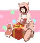  1girl bandaid bandaid_on_face bandaid_on_nose black_eyes black_hair box breasts cape clothes_around_waist commentary detached_hood full_body fur-trimmed_cape fur_trim gift gift_box jacket jacket_around_waist kneeling korean_text may_c medium_breasts naruto_(series) naruto_mobile official_alternate_costume pants pig pig_hood pink_cape pink_pants shizune_(naruto) signature solo star_(symbol) symbol-only_commentary tonton_(naruto) translation_request 