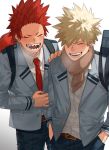  2boys backpack bag bakugou_katsuki belt black_hair blonde_hair boku_no_hero_academia breath closed_eyes couple hand_in_pocket hand_on_another&#039;s_shoulder highres kirishima_eijirou light lying male_focus multiple_boys on_back open_mouth oriharaizaya0111 pants red_eyes red_neckwear scarf school_bag school_uniform sharp_teeth shoulder_bag smile spiked_hair teeth u.a._school_uniform white_background yaoi 