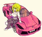  1girl absurdres ahoge alternate_costume black_pants can full_body green_eyes green_hair highres holding holding_can komeiji_koishi looking_at_viewer monster_energy open_mouth pants rampa93 shirt shoes simple_background sitting sitting_on_bar solo third_eye touhou vehicle_request white_shirt white_shoes 