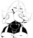  areola big_breasts breasts camel_toe clothed clothing dart_(thecon) female goblin hi_res holding_breast huge_breasts humanoid humanoid_pointy_ears monochrome not_furry simple_background solo thecon thick_thighs topless white_background wide_hips 
