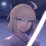  1girl ahoge black_bow blonde_hair boa_(brianoa) bow fate/grand_order fate_(series) hair_bow half_updo japanese_clothes katana kimono koha-ace looking_at_viewer okita_souji_(fate) okita_souji_(first_ascension)_(fate) okita_souji_(koha-ace) pink_kimono revision short_hair smile solo sword weapon yellow_eyes 