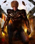  1boy absurdres blonde_hair boots closed_mouth clothing_request destruction facepaint fire genos gloves glowing glowing_eyes highres kneeling looking_at_viewer marthhh one-punch_man one_knee open_hand orange_eyes power_armor power_suit rock shoes short_hair signature solo 