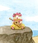  animal animal_focus beach blue_sky commentary_request day flower_wreath gotte grass_skirt hamster holding holding_instrument holding_ukulele instrument no_humans ocean original outdoors painting_(medium) sand sitting skirt sky traditional_media ukulele watercolor_(medium) 