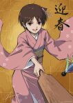  1girl absurdres brown_eyes brown_hair hagoita hane_(hanetsuki) hanetsuki highres japanese_clothes kasugano_sakura kimono new_year obi open_mouth paddle pink_kimono sash short_hair smile solo street_fighter tyanoki very_short_hair yellow_background 