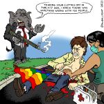 2023 5_fingers 9mmballpoint ambiguous_gender anthro ar-15 assault_rifle black_hair blood blood_from_wound bodily_fluids bottomwear brown_hair clothing denim denim_bottomwear denim_clothing dialogue digital_drawing_(artwork) digital_media_(artwork) elephant elephantid english_text exposed_chest fingers first_aid_kit fist grey_body group gun gunshot gunshot_wound hair holding_gun holding_object holding_ranged_weapon holding_weapon human jeans lgbt_pride male mammal mask medical_instrument open_mouth pain pants political_cartoon politics pride_color_flag pride_colors proboscidean ranged_weapon republican_elephant rifle scientific_instrument speech_bubble street suit_and_tie text trio violence weapon wounded