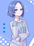  1girl aqua_eyes blue_background blue_hair blue_nails blue_shirt closed_mouth commentary_request earrings eyelashes fingernails heart heart_in_eye highres jacket jewelry kiritani_haruka long_sleeves nail_polish official_alternate_costume official_alternate_hairstyle open_clothes open_jacket project_sekai saki_pokeoekaki shirt short_hair smile solo star_(symbol) symbol_in_eye twitter_username upper_body white_jacket zozotown 