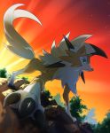  black_claws black_nose claws dusk_lycanroc feral fur green_eyes hair lycanroc nintendo orange_body orange_fur pok&eacute;mon pok&eacute;mon_(species) solo spikes sunset toes tree video_games white_body white_fur white_hair 