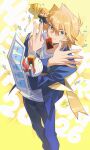  1boy absurdres arms_up blonde_hair blue_jacket blue_pants brown_eyes card card_in_mouth chibi commentary duel_disk feet_out_of_frame happy_birthday highres holding holding_trophy inkerpape jacket jonouchi_katsuya long_sleeves looking_at_viewer male_focus mouth_hold open_clothes open_jacket pants school_uniform solo symbol-only_commentary trophy v yu-gi-oh! yu-gi-oh!_duel_monsters 