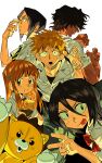  1other 2girls 3boys absurdres adjusting_eyewear black_hair bleach bow bowtie bread brown_eyes brown_hair collared_shirt commentary_request dark-skinned_male dark_skin eating food furrowed_brow glasses hair_between_eyes hair_ornament hair_over_eyes highres holding holding_food inoue_orihime ishida_uryuu kon_(bleach) kuchiki_rukia kurosaki_ichigo loaf_of_bread multiple_boys multiple_girls necktie orange_hair parted_bangs red_bow red_bowtie sado_yasutora school_uniform shirt short_hair short_sleeves smile snowflake_hair_ornament spiked_hair striped_clothes striped_necktie stuffed_animal stuffed_lion stuffed_toy sweatdrop tan tongue tongue_out v white_background white_shirt xi_luo_an_ya 