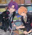  2boys armband black_jacket blonde_hair blue_eyes closed_mouth fura_kanato fura_kanato_(school_uniform) grey_shirt hair_between_eyes hair_intakes hair_ornament hairclip hand_on_another's_arm headphones headphones_around_neck highres ilj87 jacket long_sleeves looking_at_viewer male_focus multicolored_eyes multicolored_hair multiple_boys necktie nijisanji official_alternate_costume open_clothes open_jacket parallel_hairclips parted_bangs purple_hair red_armband school_uniform shirt shopping_cart sketch_background smile streaked_hair two-tone_eyes upper_body virtual_youtuber watarai_hibari watarai_hibari_(school_uniform) x_hair_ornament yellow_necktie 