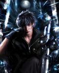  1boy abstract_background absurdres black_hair black_jacket closed_mouth engine_blade final_fantasy final_fantasy_xv gloves hand_on_own_face highres jacket leather leather_jacket looking_at_viewer marthhh moon night night_sky noctis_lucis_caelum red_eyes reflection short_hair signature sitting sky solo star_(sky) starry_sky sword weapon 