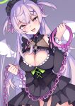 1girl :d angel_wings beatrixa_(stella_sora) black_corset black_panties breasts chain cleavage cleavage_cutout clothing_cutout commentary_request corset cowboy_shot green_halo grey_background hair_ornament halo highres holding lilibea_(stella_sora) long_hair looking_at_viewer open_mouth panties pink_eyes pink_hair samon_(sammmmonn) simple_background smile stella_sora two_side_up underwear white_wings wings x_hair_ornament 