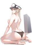  1girl ayakumo back bangs black_panties blonde_hair blue_eyes breasts covering covering_breasts eyebrows_visible_through_hair graf_zeppelin_(kantai_collection) hat highres kantai_collection long_hair medium_breasts panties peaked_cap simple_background sitting soles solo topless twintails underwear white_background 