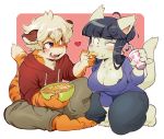  &lt;3 2018 anthro beverage big_breasts black_hair blush bottomwear bowl breasts chips_(food) cleavage clothed clothing domestic_cat duo ear_piercing feeding felid feline felis female food full-length_portrait fur hair hair_bun holding_object hoodie jeans jyuri_(ziroro326) kneeling male mammal orange_body orange_fur pantherine pants piercing portrait purple_eyes simple_background sitting soda stripes thick_thighs tiger topwear whiskers white_body white_fur ziroro326 