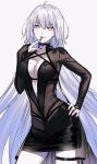 1girl ahoge alternate_costume black_dress black_nails breasts choker cleavage cleavage_cutout collarbone commentary_request dress eyebrows_visible_through_hair fate/grand_order fate_(series) flower formal hair_between_eyes hand_on_hip hand_on_own_face highres jeanne_d&#039;arc_(alter)_(fate) jeanne_d&#039;arc_(fate)_(all) large_breasts long_hair looking_at_viewer nail nipi27 short_dress silver_hair simple_background smile solo tongue tongue_out very_long_hair yellow_eyes 