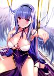  1girl arm_up armpits azur_lane barefoot between_breasts blue_hair blurry blush breasts choker cleavage closed_mouth depth_of_field dido_(azur_lane) dress eyebrows_visible_through_hair feathers hairband high_heels highres large_breasts long_hair looking_at_viewer no_panties pelvic_curtain pink_eyes rei_(rei&#039;s_room) ribbon_choker shoes sidelocks single_shoe sitting solo very_long_hair wariza wings 
