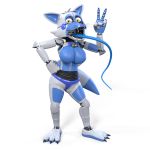 1:1 2020 2_tails 3d_(artwork) alpha_channel animatronic anthro bell blue_body bluffy bow_tie breasts camel_toe canid canine digital_media_(artwork) dipstick_tail fan_character featureless_breasts featureless_crotch female five_nights_at_freddy&#039;s fox funtime_foxy_(fnaf) gesture hi_res kristall_krit long_tongue machine mammal multi_tail multicolored_body multicolored_tail pseudo_clothing pseudo_hair robot simple_background solo tentacle_tongue tentacles tongue transparent_background v_sign video_games whiskers white_body yellow_eyes 