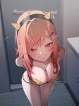  1girl absurdres animal_print arms_behind_back bikini commentary_request cone_horns cosplay fake_horns grin hair_ornament hairband hairclip highres hololive hololive_dev_is horn_hairband horns ichijou_ririka inuinuo_gataken long_hair looking_at_viewer lum multicolored_hair orange_eyes orange_hair pink_hair print_bikini smile solo swimsuit tiger_print urusei_yatsura yellow_bikini yellow_horns 