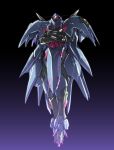  absurdres armor atmos_(gundam) black_background commentary crossed_arms floating glowing glowing_eye gradient gradient_background gundam gundam_f90 highres ishiyumi looking_at_viewer mecha mobile_suit no_humans one-eyed pink_eyes purple_background shiny solo spiked_armor standing 