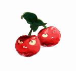  artist_name ben-day_dots buck_teeth cherry cherry_bomb_(plants_vs._zombies) closed_mouth commentary film_grain food frown fruit green_eyes highres hightguy leaf no_humans parted_lips plants_vs._zombies screentones simple_background solo squinting symbol-only_commentary teeth uneven_eyes white_background 