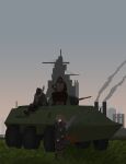  1girl 2boys absurdres armored_personnel_carrier armored_vehicle boots brown_coat brown_hair building coat field floating_hair gradient_sky grass grey_sky gun hashtag-only_commentary hayasabro highres holding holding_gun holding_weapon looking_at_viewer marfusha_(sentinel_girls) mask military_vehicle motor_vehicle multiple_boys on_truck outdoors railgun sentinel_girls sitting sky smoke smokestack standing truck twilight weapon wide_shot 