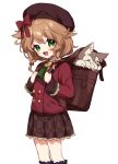  1girl :d animal backpack bag beret blush braid brown_hair brown_headwear brown_skirt commentary_request green_eyes hair_bobbles hair_ornament hair_over_shoulder hands_up hat holding_strap long_hair long_sleeves looking_at_viewer low_twintails nijisanji open_mouth plaid plaid_skirt pleated_skirt red_shirt shirt simple_background skirt smile solo twin_braids twintails virtual_youtuber warabeda_meijii white_background wolf yamabukiiro 