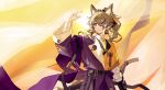  1boy absurdres animal_ears arknights arm_up asymmetrical_clothes asymmetrical_hair belt bishounen black_belt chinese_clothes chinese_commentary collared_shirt commentary_request earrings eyeliner eyeshadow figurino_(arknights) figurino_(autumn_shadow)_(arknights) five-fall green_eyes green_hair hair_between_eyes hair_ornament hair_stick high_ponytail highres jewelry long_sleeves looking_up makeup male_focus multicolored_hair necktie notched_ear official_artist_extra ponytail purple_eyeshadow shirt solo streaked_hair third-party_source white_hair wolf_boy wolf_ears yellow_necktie 
