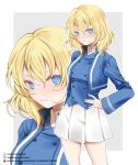  1girl bangs bc_freedom_military_uniform blonde_hair blue_eyes blue_jacket blue_vest closed_mouth commentary dress_shirt girls_und_panzer grey_background hand_on_hip high_collar highres instagram_logo instagram_username jacket long_sleeves looking_at_viewer medium_hair messy_hair military military_uniform miniskirt oshida_(girls_und_panzer) outside_border pleated_skirt sheepd shirt skirt solo standing twitter_logo twitter_username uniform vest white_shirt white_skirt zoom_layer 
