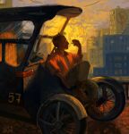  1boy black_hair bomber_jacket car cigarette closed_eyes disco_elysium full_body glasses hand_up highres holding holding_cigarette jacket kim_kitsuragi knee_up leaning_back male_focus motor_vehicle orange_jacket shishkaleshaya short_hair smoke smoke_trail smoking solo sunset 