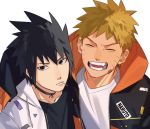  2boys arm_over_shoulder bangs black_collar black_hair blonde_hair close-up closed_eyes collar face facial_mark fang gradient_hair highres hood hood_down hoodie long_sleeves looking_at_viewer male_focus multicolored_hair multiple_boys naruto naruto_(series) open_mouth oriharaizaya0111 shirt smile spiked_hair sweatshirt toothpick uchiha_sasuke upper_body uzumaki_naruto whisker_markings white_shirt 