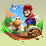  1boy blue_eyes blue_overalls blue_sky brown_hair camera cassio_yoshiyaki cloud commentary day english_commentary facial_hair fishing_rod floating_island gloves green_shell hat holding holding_fishing_rod koopa_troopa lakitu mario mario_(series) mountainous_horizon mustache open_mouth outdoors overalls polygonal racing red_headwear red_shirt road running shirt sign signature sky smile super_mario_64 tree turtle_shell white_gloves winged_hat 