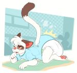 4_fingers 4_toes all_fours ambiguous_gender anthro blue_onesie blush blush_lines brown_body brown_ears brown_fur brown_spots brown_tail brown_tail_tip bubblepuppers button_(fastener) claws clothed clothing cloud_emanata crib diaper diaper_peekage diaper_puff diaper_under_clothing diaper_under_onesie dipstick_tail domestic_cat dotted_background emanata fangs feces feet felid feline felis finger_claws fingers fur heart_eyes heart_symbol hi_res looking_pleasured mammal markings multicolored_body multicolored_fur myst_(daxter131) on_blanket onesie open_mouth open_smile pattern_background pawpads pink_nose pink_pawpads plushie pooping simple_background smile snapsuit soiled_diaper soiling soiling_diaper solo spots spotted_body spotted_face spotted_fur sucking tail tail_markings teeth thumb_suck toes two_tone_body two_tone_fur two_tone_tail unclean_diaper used_diaper using_diaper wearing_diaper white_body white_claws white_diaper white_fur white_tail window yellow_sclera