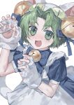  1girl animal_hat apron artist_request bell blue_ribbon blush bow cat_hat cat_tail dejiko di_gi_charat eyebrows_visible_through_hair fingerless_gloves gloves green_eyes green_hair hair_ribbon hat highres jingle_bell looking_at_viewer maid_apron open_mouth paw_gloves paws puffy_short_sleeves puffy_sleeves ribbon short_hair short_sleeves sleeve_cuffs solo tail tail_ribbon white_background 