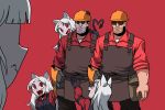  2boys 4girls animal_ears black_giraffe cerberus_(helltaker) cosplay crossover demon_girl demon_tail dog_ears facial_hair fang gloves goggles hardhat heart heart_tail helltaker helmet highres lucifer_(helltaker) multiple_boys multiple_girls pince-nez red_background red_shirt shirt single_glove smelling smile stubble sweat sweating_profusely tail team_fortress_2 the_engineer the_engineer_(cosplay) triplets 